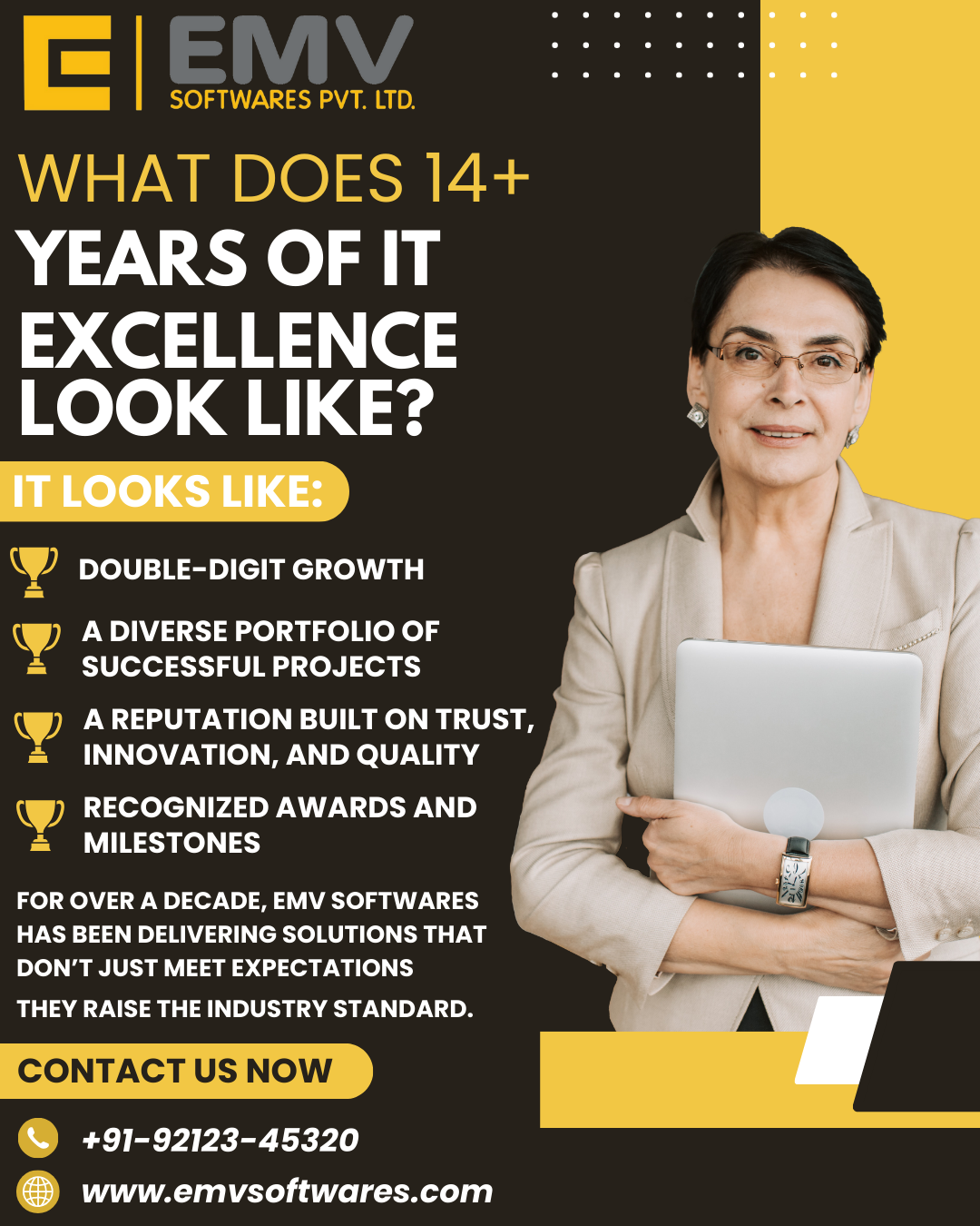 Timeline graphic highlighting the major milestones of EMV Softwares, including their founding, achieving ISO certifications, and launching key products like ERPX and CRMX.